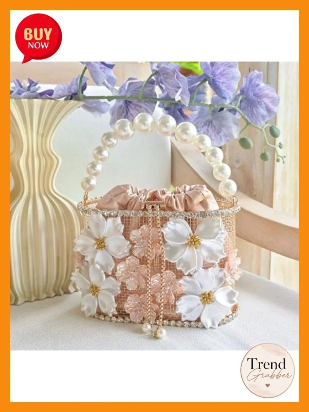 Luxury 3D Floral Rhinestone Pearl Handle Clutch Evening Bag